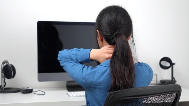 A woman sitting at a desk, rubbing her neck while facing a computer monitor, indicating discomfort or tension from prolonged screen time.