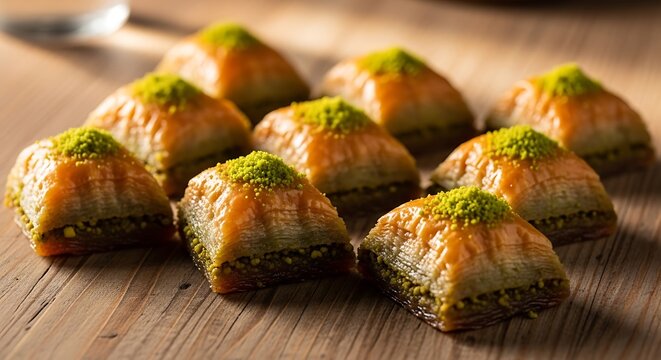 Rows of sweet baklava pastries topped with green pistachios on wood pastry dessert