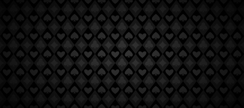 Black playing cards pattern background. Retro poker or casino table theme wallpaper. Dark grey colored vintage spades, hearts, diamonds, clubs symbols backdrop. Vegas gambling concept texture. Vector