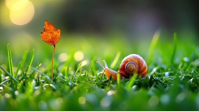 Spring booming. Life. New hope. Season. A closeup of a snail on a grassy surface. The snail is orange with a spiral pattern on its shell.