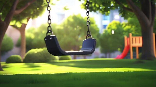 Spring booming. Life. New hope. Season. A vivid, sunlit scene of a park with a swing set in the foreground. The swing is suspended by chains.
