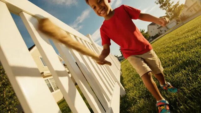 Happy boy with a stick playfully taps a white fence while outside on a sunny day in a neighborhood