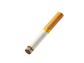 Close-up of a lit cigarette with a filter and ash, isolated on a white background. Represents smoking, tobacco use, and associated health risks.