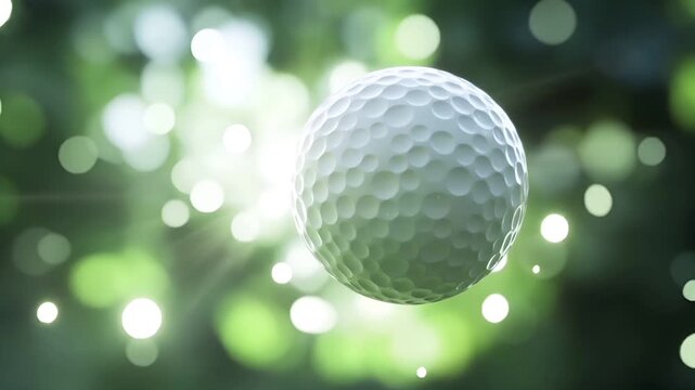 A closeup of a golf ball suspended in the air against a bokeh background of green and white lights. The golf ball is white with a pattern of small, irregularly shaped holes.