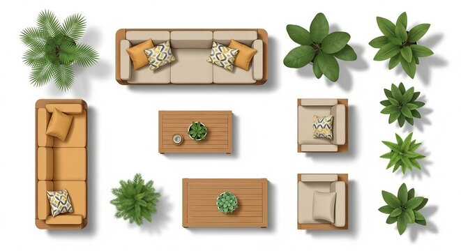Overhead view of modular outdoor furniture set with various plants on a white background isolated on white background