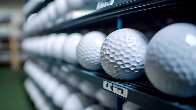 A closeup shot of a golf ball on a rack in a store. The golf balls are white with a textured pattern, and they are arranged in a neat row. The background is blurred.