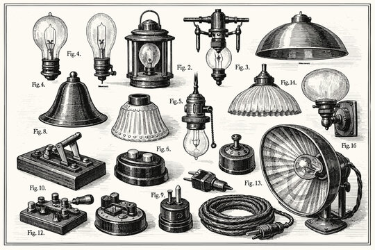 Vintage electrical devices and light bulbs collection illustration