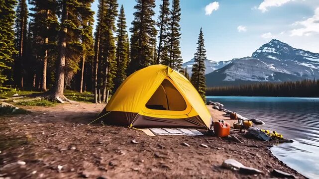 A vivid, outdoor scene featuring a yellow tent set up by a serene lake with mountains in the background. The foreground is a rocky shoreline with sparse vegetation and a few yellow flowers.
