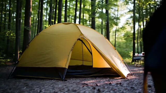 A campsite with a yellow tent set up in a forested area during the evening. The sun casts a warm, golden hue over the scene, creating a serene atmosphere. The tent is a prominent feature.