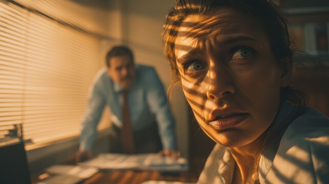 Stressed woman showing fear in office, experiencing workplace intimidation and a threatening situation with her boss