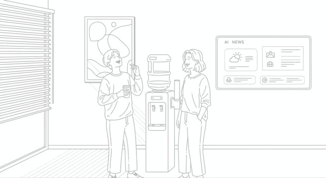 Two coworkers chatting near water cooler in office environment  