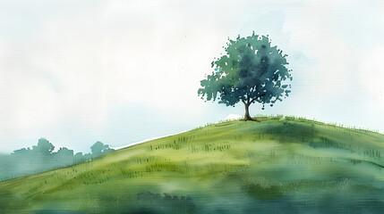 flat watercolor painting single tree on grassy