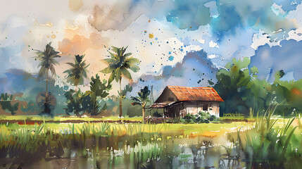 flat watercolor painting small cottage near river
