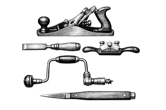 Vintage woodworking hand tools illustration featuring plane, chisel, brace, and spokeshave