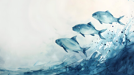 flat watercolor painting small fish jumping