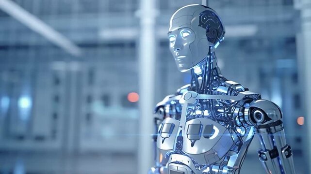 A futuristic background animation featuring a highly advanced humanoid robot, symbolizing artificial intelligence and technological advancements in the future.