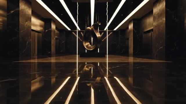 A person swinging on a trapeze in a dark room with shiny floor and ceiling lights reflecting off the surface.