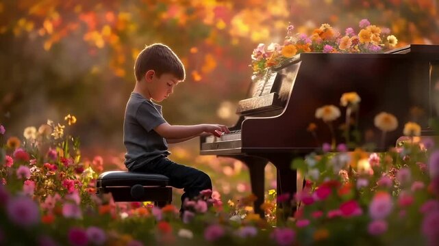 A young boy is engrossed in playing a grand piano amidst a field of flowers. The scene is bathed in a warm, golden light, highlighting the vibrant colors of the flowers and the boys silhouette.