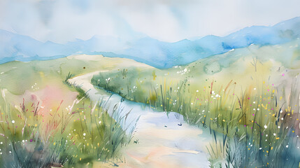 flat watercolor painting small winding path