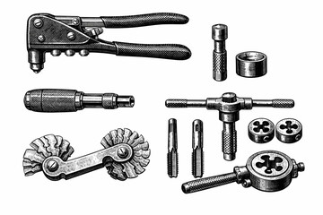 Obraz premium Collection of vintage metalworking tools with rivet gun, taps, and dies