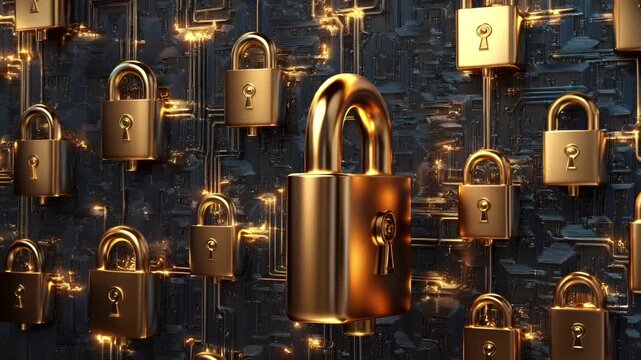 Firewall protection. Internet cyber security. Hightech. Technology. Encryption and decryption. 3D rendered golden padlocks on a circuit board background.