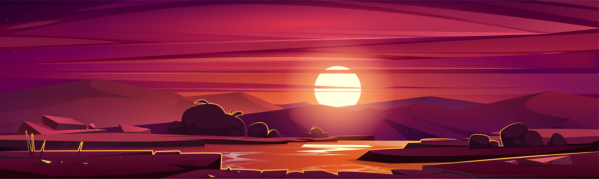 Beautiful Cartoon Nature Landscape at Sunset with River, Hills, and Warm Sky &ndash; Vector Illustration