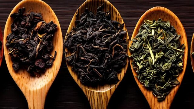 Tea industry. Tea leaves. Plantation. Culture. A collection of wooden spoons containing various types of tea leaves and dried fruits on a dark wooden surface. The spoons are arranged in a row.