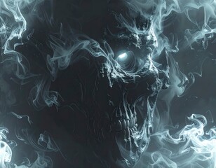 Horned shadow creature emerging from turbulent smoke with glowing eye creating an intense supernatural fantasy atmosphere