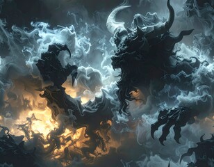 Dark horned demon emerging from swirling smoke with dramatic light and ominous fantasy mood