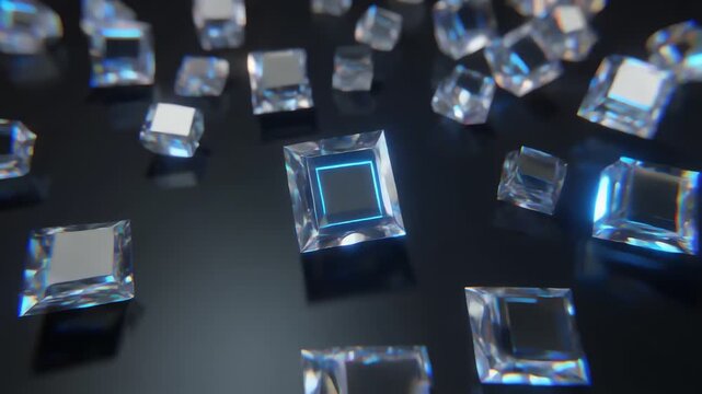 A field of translucent glass cubes floats in dark space, led by a central glowing blue cube, with distant stars. Reflections and prisms ripple across facets, creating a futuristic glow in soft focus