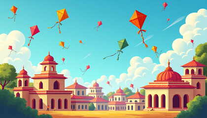 Makar Sankranti Festival Celebration with Colorful Kites Flat Vector Illustration