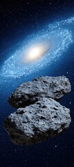 Asteroids in Space with Galaxy Background.
