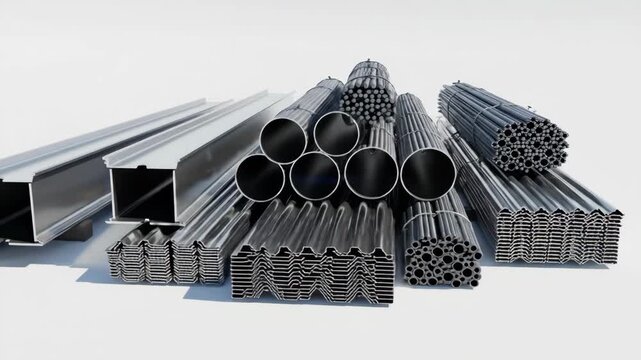 Various Metallic Construction Materials Stacked Together With Clear Shadows On White Background