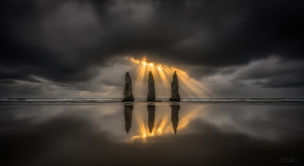 Dramatic Seascape with Sun Rays and Sea Stacks.