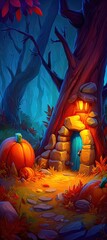 Enchanting Autumn Forest Dwelling with Pumpkin and Glowing Lantern.