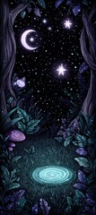 Nighttime Forest Scene with Moon and Stars.