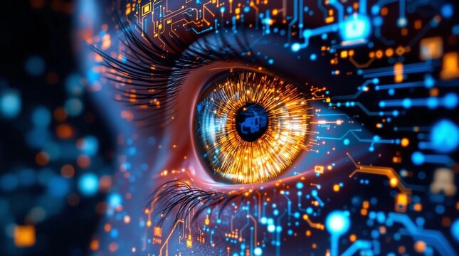 Digital futuristic eye perceives abstract data streams of blue and orange light