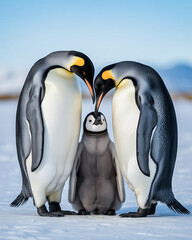 Obraz premium Loving emperor penguin parents protecting their baby in icy Antarctica