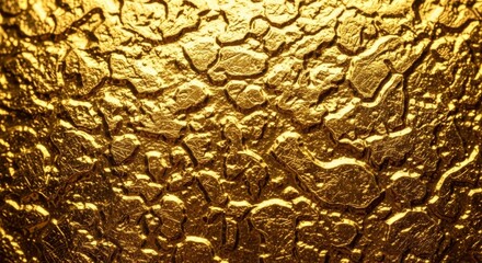 Extreme close-up of rough textured gold metallic surface revealing intricate patterns and rich reflective quality, bright, fine, premium