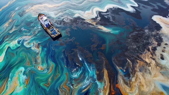 Oil spill. Environment ecosystem pollution disaster. Aerial view of ship in water with swirling blue and turquoise waters, surrounded by sedimentary rock formations.