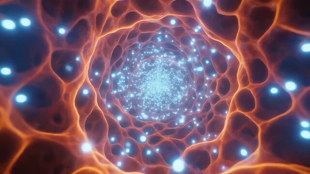 An abstract microscopic tunnel composed of concentric red tissue rings with luminous blue nodes guiding a bright core yielding a hypnotic otherworldly biological structure in vivid highcontrast hues