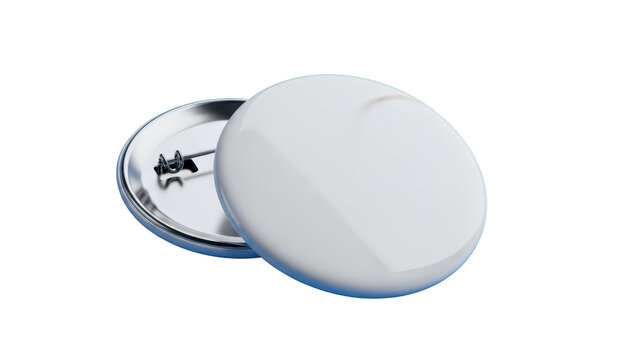 Round badge, white blank pin button mockup. Circle brooch mock up for design on blue background. 3d illustration