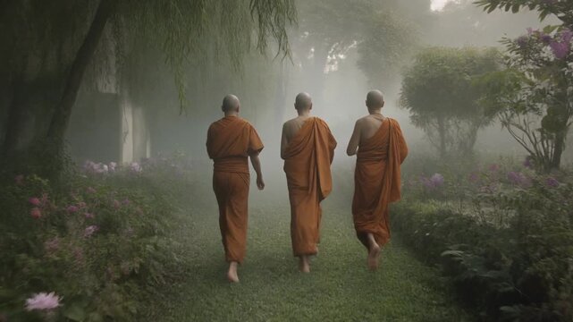 a line of monks walking silently through a misty garden,seen from behind