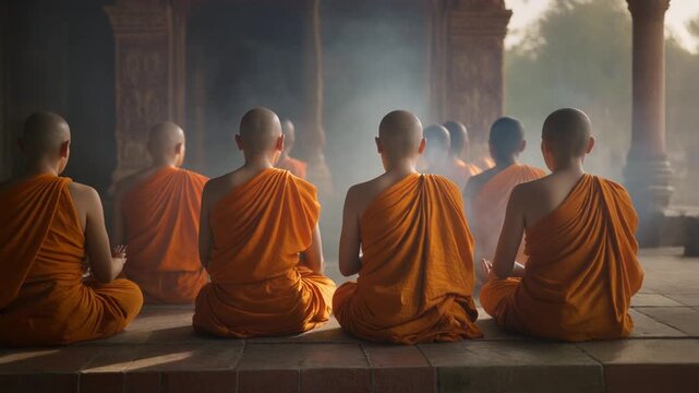 a row of Buddhist monks in saffron robes, seated in meditation