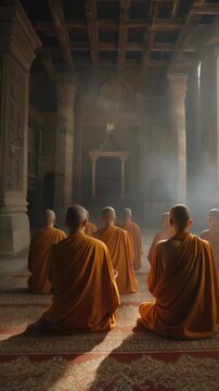 a row of Buddhist monks in saffron robes, seated in meditation