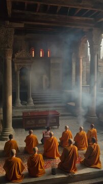a row of Buddhist monks in saffron robes, seated in meditation