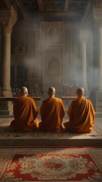 a row of Buddhist monks in saffron robes, seated in meditation