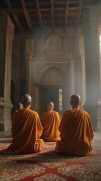 a row of Buddhist monks in saffron robes, seated in meditation