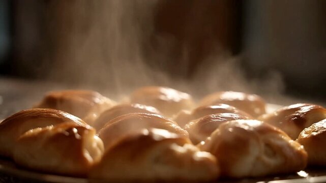 Close‑up of Golden Bread Rolls and Rising Steam in a Warm Kitchen, Capturing Freshness from a Cozy Oven Perspective