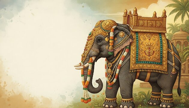Detailed Illustration of a Royal Decorated Elephant with Golden Howdah and Garlands, Traditional Indian Culture and Heritage Concept
